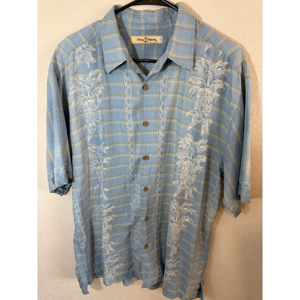 Tommy‎ Bahama Mens Silk Pineapple Plaid Embroidered Camp Shirt Blue Large